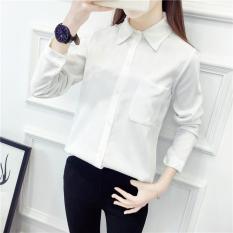 Putih Baru Kedatangan Korea Slim Womens Commuter Blusa Corduroy Kemeja Solid Warna Kemeja Lengan Panjang Blus Wanita Karier PLUS Tops-Intl