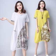 Grosir 2017 Baru Musim Panas Lengan Pendek Longgar Ukuran Besar Wanita RETRO Art Fan Di Panjang Gaun Katun-Intl