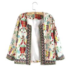 Whyus-High Quality New Vintage 3/4 Sleeve Ethnic Floral Printed Short Coat Ladies Thin Jacket Outwear White XL - intl