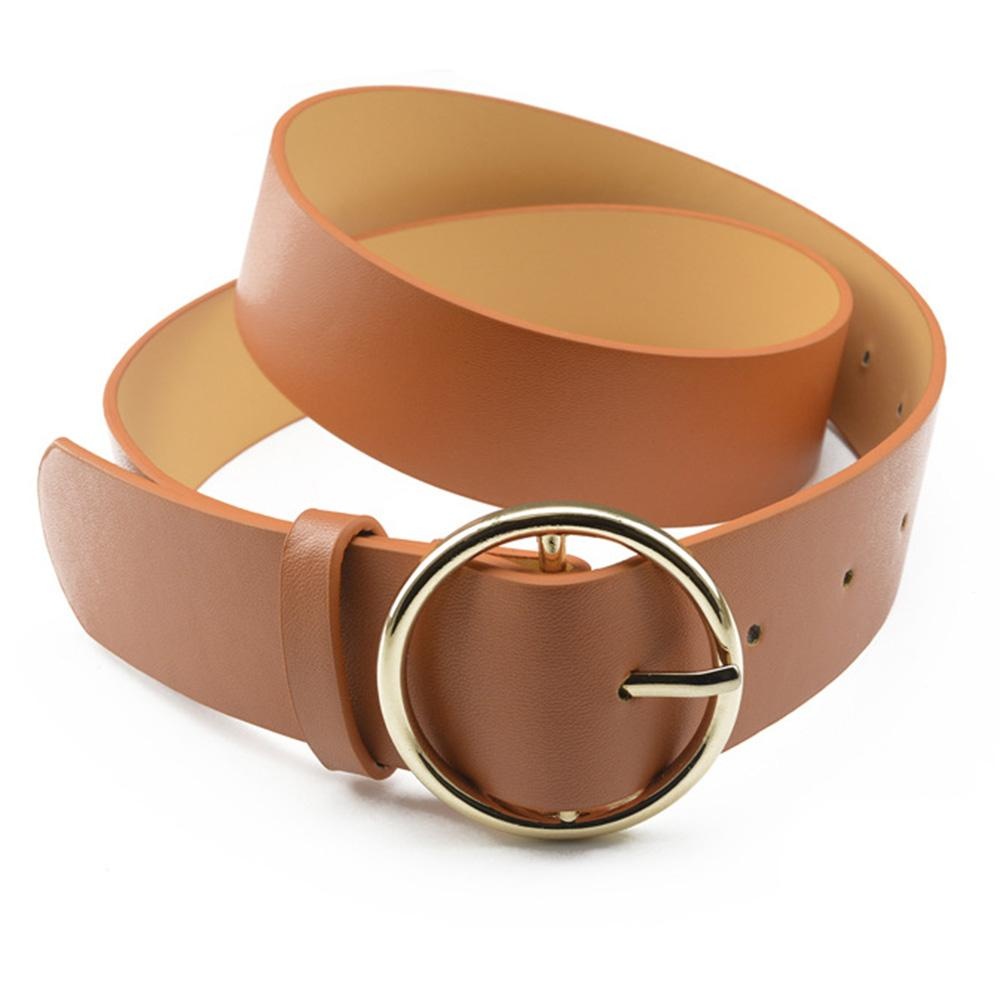 Whyus-Korean Style Women Girls Casual Alloy Round Buckle Faux Leather Waist Belt (Camel) - intl