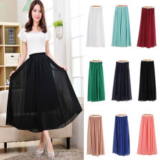 Whyus Wanita Chiffon Long Solid Permen Warna Pleated Rok Maxi (Royal Biru)-Intl