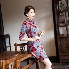 Wings Fashion Gaya Slim Retro Silk Cheongsam Gaun Pengantin Dress Midi Formal (Warna: C0)-Intl