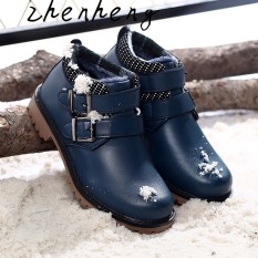 Musim Dingin Boys Snow Boots untuk Boy Anak-anak Ankle Boots Tambahkan Plush Cotton Suede Buckle Hangat Sepatu (Biru) -Intl