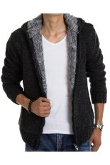 Winter Casual Mens Menebal Cardigan Sweater Lapisan Bulu Hoodie Strait Jacket Jaket Bertudung (Hitam)