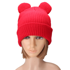 Musim dingin topi rajutan wol tebal dengan dua telinga wanita topi kupluk yang hangat dan lembut yang baru merah - Internasional