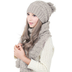 Topi Musim Dingin Wanita Syal Hangat Wrap Set Rajutan Kupluk Krem-Internasional-Internasional