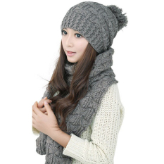 Topi Musim Dingin Wanita Syal Hangat Wrap Set Rajutan Kupluk Kelabu-Internasional-Internasional
