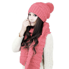 Topi musim dingin wanita syal hangat Wrap Set rajutan kupluk berwarna merah muda - International - International