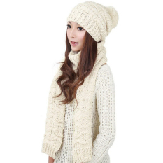 Topi Musim Dingin Wanita Syal Hangat Wrap Set Rajutan Kupluk Putih-Internasional-Internasional
