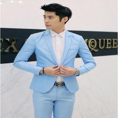 Wjm Pria Formal Pernikahan Pengantin Lelaki Setelan Satu Tombol Ramping Sesuai Mantel (Biru Muda)-Internasional