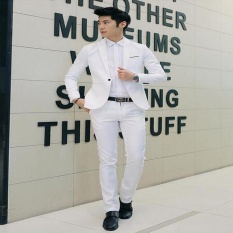 WJM Pria Formal Pernikahan Pengantin Lelaki Setelan Satu Tombol Slim Fit JacketTuxedos Suit (Putih)-Intl