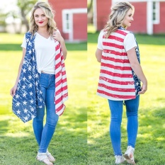 Women American Flag Cetak Blus Longgar Tanpa Lengan Cardigan Mantel-Intl