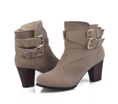Wanita Belt Buckle Ladies Faux Boots Sepatu Bot Setumit High Heels Martin Sepatu