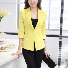 Wanita Blazers Gelang Lengan Jaket Suit Shrugged Coat Slim OL Bisnis Formal Wanita Hak Tinggi Aksen Pita Model Pump Outwear Single Breasted (KUNING) -Intl