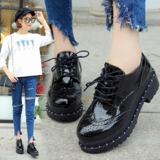 Wanita Brogue Renda Blok Tumit Kulit Platform Chunky Sepatu Casual Oxford Roda Kaki Buatannya-Intl