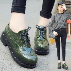 Wanita Brogue Renda Blok Tumit Kulit Platform Chunky Sepatu Casual Oxford Roda Kaki Buatannya-Intl