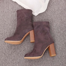 Women Buckle Ladies Faux Hangat Boots Ankle Boots High Heels Martin Sepatu-Intl