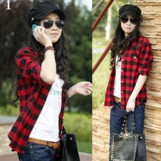 Perempuan Tombol Kasual Kerah Kemeja Kotak-kotak Cek Flanel Kemeja Hitam + Merah (Ekspor)-Internasional