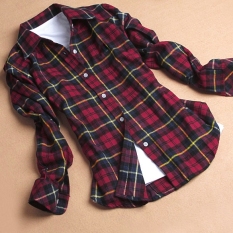 Kemeja Katun Kelepak Wanita Kasual Berkancing Atasan Blus Kemeja Flanel Kotak M ~ XXL-Intl