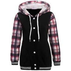 Wanita Kotak-kotak Kasual Lengan Panjang Drawstring Jaket Bomber Ringan Berkerudung Bahan Kain Perca Button Fleece Hoodie (Hitam)-Intl