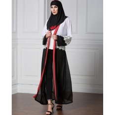 Wanita Chiffon Muslim Abaya Cardigan Renda Lengan Panjang Buka Depan Robe Belted Kaftan Islamic Arab Maxi Dress Black-Intl