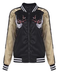Wanita Klasik Zip Up Kasual Lengan Panjang Terpisah Berkantong Bomber Jaket Mantel Emas Hitam-Intl