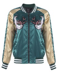 Wanita Klasik Zip Up Kasual Lengan Panjang Terpisah Berkantong Jaket Bomber Mantel Hijau Emas-Intl