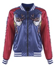Wanita Klasik Zip Up Kasual Lengan Panjang Terpisah Berkantong Bomber Jaket Mantel Merah Biru-Intl