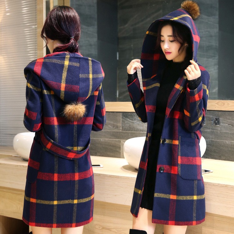 Wanita Mantel Musim Gugur dan Musim Dingin Mantel Panjang College Gaya Plaid Mantel-Intl