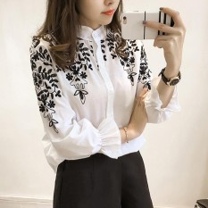 Wanita Blus Katun Shirt Bordir Bunga Lengan Panjang Kemeja Wanita (Putih)-Intl