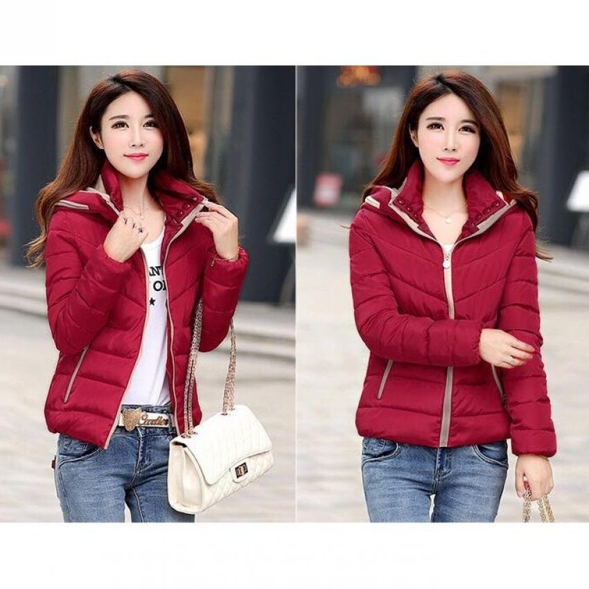 Wanita Jaket Isi Katun Slim Musim Dingin Tebal Mantel-Merah-Intl