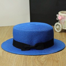 Wanita Derby Topi Jerami Trilby Bersimpul Pita Band Pantai Si Topi Laken Topi (Biru)-Intl