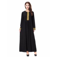 Warna Etnis Wanita Etis Lengan Lengan Muslim Panjang Islam Maxi Gaun Arab Jilbab Abaya Cloth (Emas)-Intl