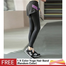 Wanita Palsu Dua Potong Yoga Olahraga Celana Bergaris Berpinggang Tinggi Peregangan Olahraga Celana Cepat Kering Kebugaran Menjalankan Legging Legging- INTL