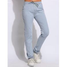 Fashion Wanita Elastis Tinggi Pinggang Solid Denim Jeans Pensil Celana (Biru)-Intl