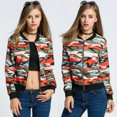 Wanita Mode Panjang Lengan Zip Up Jaket Kamuflase-Intl