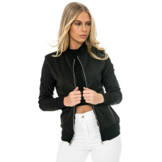 Lengan Baju Panjang Wanita Fashion Retro Ritsleting Pembom Jaket With Banyak Kantong (Hitam)