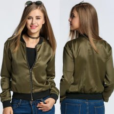 Wanita Fashion Retro Berdiri Kerah Panjang Lengan Zip Up Solid Jaket-Intl