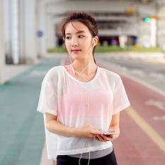 Produk Sepatu Olahraga Wanita Mesh Transparan Hollow Out Kemeja Pendek Berlengan Menjalankan T-shirt Yoga Pakaian Putih-Intl