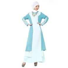 Wanita Wanita Melayu Islam Gaun Rok Arab Jubah Jumpsuit Lengan Panjang Borgol Renda Linen Danau Biru-Intl