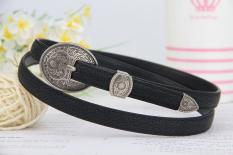 Women Girls Retro Genuine Leather Belt Skinny Western Waistband Round Buckle Waist Belt Dress Decoration Skinny Belt Black 108CM - intl