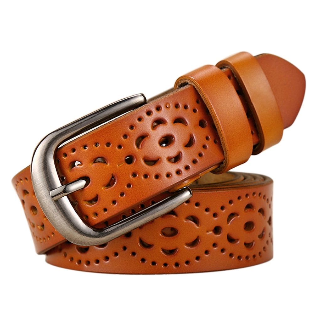 Wanita Ladies Hollow Adjustable PU Kulit Alloy Gesper Pinggang Sabuk Tali Coklat-Internasional