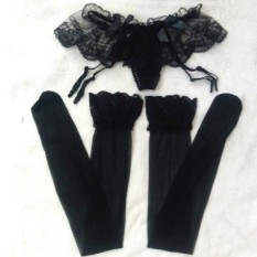 Wanita Wanita Solid Atasan Bertali Kaus Kaki Stoking Paha + Sabuk Tali Garter Set Hitam-Internasional