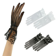 Wanita Ladies Voile Renda Elastis Net Benang Malam Pesta Pernikahan Pengantin Gaun Pendek Sarung Tangan 2 Pcs Set Hitam + Putih -Intl