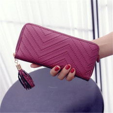 Wanita Lady Kulit Panjang Dompet Clutch Cek Tas Rumbai Tas Pemegang Kartu Merah Anggur-Internasional