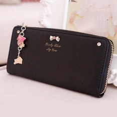 Ikatan Simpul Dompet Baru Wanita Fashion Kulit Desain Padat Pemegang Koin Lady Kartu Elegan Bow Hari Clutch Bag Zipper Panjang Dompet (Hitam)