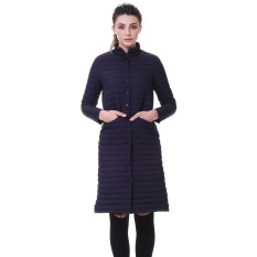 Wanita Jaket Bulu Angsa Produk Baru Wanita 90% Putih Bebek Mantel Bulu Angsa Panjang Di Atas Lutut Jaket Slim Lengan Panjang Tipis Single-Breasted Kantong Ritsleting 2XL solid Pakaian Luar Wanita Mantel (Biru Tua) -Intl