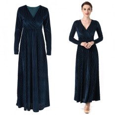 Wanita Lengan Panjang V Garis Leher Berbentuk Beludru Malam Pesta Berayun Besar Gaun (Biru 2XL)-Internasional