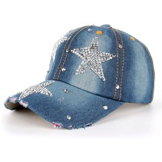 Women Men Stars Denim Rhinestone Baseball Cap Snapback Hip Hop Flat Hat - intl