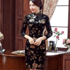 Wanita Modern Qipao Dress Gold Print Floral Velvet Qipao Plus Ukuran Pendek Cheongsam Tradisional Cina Pakaian-Intl